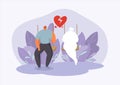 Man in melancholy with broken heart in two halves thinks and misses vector illustration. Valentine day