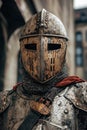 a man in a metal knight's mask. Selective focus Royalty Free Stock Photo