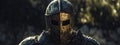 a man in a metal knight's mask. Selective focus Royalty Free Stock Photo