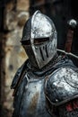 a man in a metal knight's mask. Selective focus Royalty Free Stock Photo