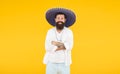 Man in mexican sombrero hat. vacation concept at resort in mexico. hipster with beard looks festive in sombrero. happy Royalty Free Stock Photo
