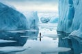 A man in the midst of melting glaciers. The challenge of global warming. Generative AI