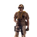 Man military outfit a soldier in modern times on a white background Royalty Free Stock Photo