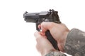 Man in military uniform holding hand gun