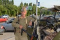 A man in a military uniform of the Second world war Mamayev Kurgan in Volgograd.