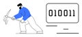 Man Mining Binary Code Representation with Pickaxe in Abstract Digital Workspace Royalty Free Stock Photo