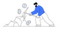 Man Mining Ethereum Coins with Pickaxe Next to Pile of Rocks in Simplified Style