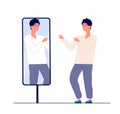 Man at mirror. guy self looking reflection, love of self. narcissism and vanity. egotism mirrored vector concept