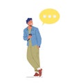 Man with Mobile Phone and Speech Bubble. Cellphone Communication Concept. Smiling Male Character Speak by Cellphone