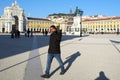 Commerce Square, Praca do Commercio, on a sunny day, Equestrian monument to King Jose I in the background, Lisbon, Portugal