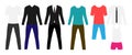 Man modern clothes flat set. Stylish suit and sport garment. Vector illustration.