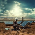 technician man technology solar installing photovoltaic panel construction electricity energy engineer. Generative AI.