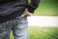 Man with money in pocket of jeans. dollars in pocket Royalty Free Stock Photo