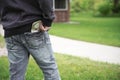 Man with money in pocket of jeans. dollars in pocket Royalty Free Stock Photo