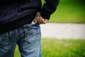 Man with money in pocket of jeans. dollars in pocket Royalty Free Stock Photo