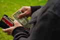 Man with money in pocket of jeans. dollars in pocket Royalty Free Stock Photo