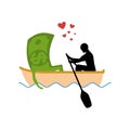 Man and money and ride in boat. Lovers of sailing. Man rolls cas