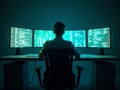 Man Monitoring Global Data on Multiple Computer Screens Royalty Free Stock Photo