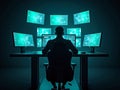 Man Monitoring Global Data on Multiple Computer Screens Royalty Free Stock Photo