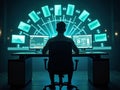 Man Monitoring Global Data on Multiple Computer Screens Royalty Free Stock Photo