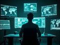 Man Monitoring Global Data on Multiple Computer Screens Royalty Free Stock Photo