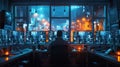 Man Monitoring Multiple Security Screens in a High-Tech Control Room at Night