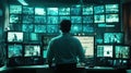 Man monitoring multiple security screens in a high-tech surveillance room with computer systems and data analysis in action