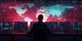 Man monitors global data trends and analytics in a high-tech control room at night
