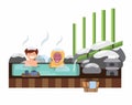 Man and monkey soaking in traditional hot spring illustration concept vector Royalty Free Stock Photo
