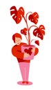Man with monstera pot for 14 February. Man with gift for ValentineÃ¢â¬â¢s Day. Red and pink. Flat illustration.