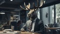 Man with moose head sitting in office, AI Generated Royalty Free Stock Photo
