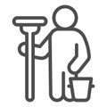 Man with mop and bucket line icon, car washing concept, wash specialist sign on white background, Car washer icon in