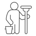 Man with mop and bucket thin line icon, car washing concept, wash specialist sign on white background, Car washer icon