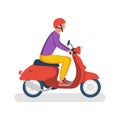 Man on a moped. A young guy on a scooter. Vector cartoon. Royalty Free Stock Photo