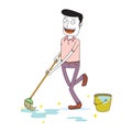 Man mopping the floor happily