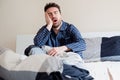 Man morning wake up and yawning in bed Royalty Free Stock Photo