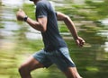Man, motion blur and running in park for exercise, fitness action and power of cardio workout. Closeup, runner and