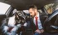 Man motivate his dog before canine competition Royalty Free Stock Photo