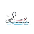 Man in motor speed boat in the sea. Boat sports and leisure. Hand drawn. Stickman cartoon. Doodle sketch, Vector graphic