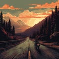 Sunset Motorcycle Ride: Pixel Art Landscape With Earthy Colors