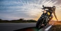 Man on a motorbike on the road riding. having fun driving the empty road on a motorcycle tour journey. Royalty Free Stock Photo