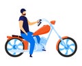 Man at motorcycle bike, vector illustration. Biker character ride motorbike, travel transportation at speed, isolated on