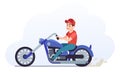 Man on motorcycle. Biker driving blue motorcycle, collectible classic vehicle for road racing, speed race vintage moped Royalty Free Stock Photo