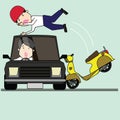 Man and motorcycle collide with side of car radically. Royalty Free Stock Photo