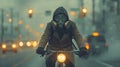 Man on a motorcycle wears gas mask in a smoke-filled city. It conveys health and environmental concerns in society that has