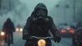 Man on a motorcycle wears gas mask in a smoke-filled city. It conveys health and environmental concerns in society that has