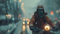 Man on a motorcycle wears gas mask in a smoke-filled city. It conveys health and environmental concerns in society that has
