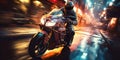 man motorcyclist racer biker drives a sports motorcycle bike fast on road in the city at night. Royalty Free Stock Photo