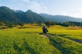 Man motorcyclist ride touring motorcycle. Alpine mountains on background. Biker lifestyle, world traveler. Summer sunny sunset day