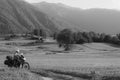 Man motorcyclist ride touring motorcycle. Alpine mountains on background. Biker lifestyle, world traveler. Summer sunny sunset day